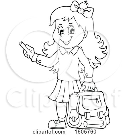 Clipart of a Black and White Happy School Girl Holding a Backpack and Piece of Chalk - Royalty Free Vector Illustration by visekart