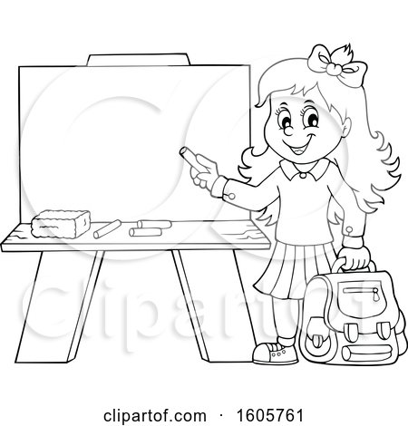 Clipart of a Black and White Happy School Girl Holding a Backpack and Piece of Chalk by a Chalkboard - Royalty Free Vector Illustration by visekart