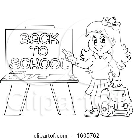 Clipart of a Black and White Happy Girl Holding a Backpack and Piece of Chalk by a Back to School Chalkboard - Royalty Free Vector Illustration by visekart
