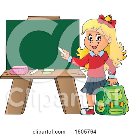 Clipart of a Happy Blond School Girl Holding a Backpack and Piece of Chalk by a Chalkboard - Royalty Free Vector Illustration by visekart