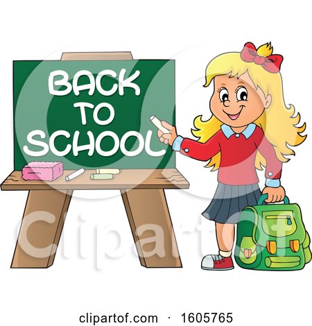 Clipart of a Happy Blond Girl Holding a Backpack and Piece of Chalk by a Back to School Chalkboard - Royalty Free Vector Illustration by visekart