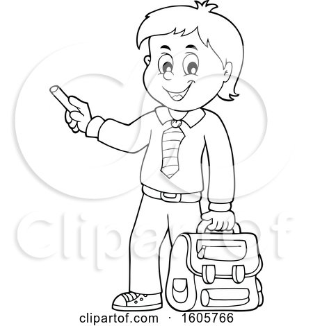 Clipart of a Black and White Happy School Boy Holding a Backpack and Piece of Chalk - Royalty Free Vector Illustration by visekart