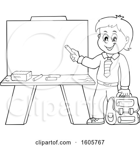 Clipart of a Black and White Happy Boy Holding a Backpack and Piece of Chalk by a Chalkboard - Royalty Free Vector Illustration by visekart