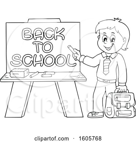 Clipart of a Black and White Happy Boy Holding a Backpack and Piece of Chalk by a Back to School Chalkboard - Royalty Free Vector Illustration by visekart