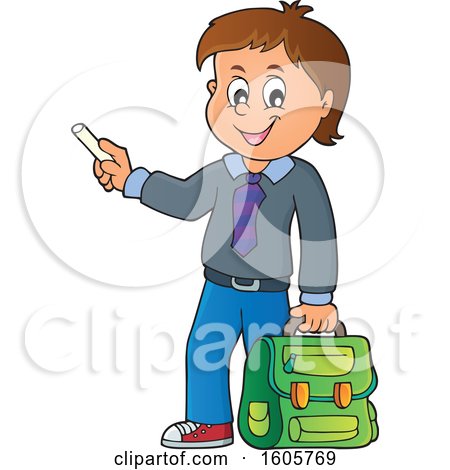 Clipart of a Happy Boy Holding a Backpack and Piece of Chalk - Royalty Free Vector Illustration by visekart