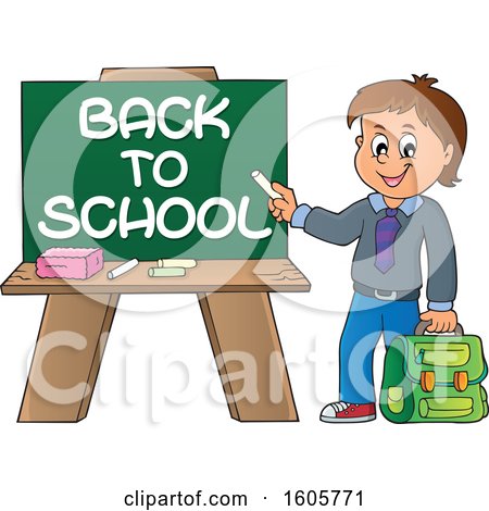 Clipart of a Happy Boy Holding a Backpack and Piece of Chalk by a Back to School Chalkboard - Royalty Free Vector Illustration by visekart