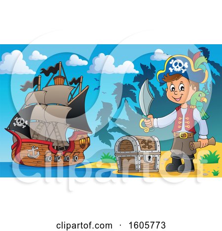 Clipart of a Boy Pirate with a Parrot, Sword and Treasure Map in Hand on a Beach - Royalty Free Vector Illustration by visekart