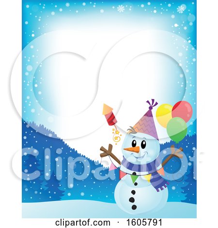 Clipart of a Snowy Border with a Festive Party Snowman with Balloons and a Firework - Royalty Free Vector Illustration by visekart