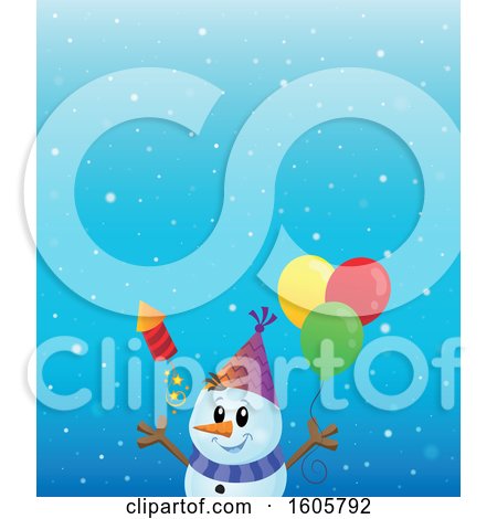 Clipart of a Festive Party Snowman with Balloons and a Firework in the Snow - Royalty Free Vector Illustration by visekart