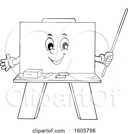 Clipart of a Black and White Happy Chalkboard Mascot Holding a Pointer Stick - Royalty Free Vector Illustration by visekart