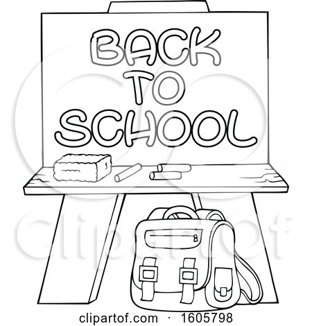 Clipart of a Black and White Chalkboard with Back to School Text and Supplies - Royalty Free Vector Illustration by visekart