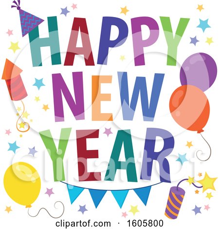 Clipart of a Happy New Year Greeting with Fireworks Balloons and Stars - Royalty Free Vector Illustration by visekart