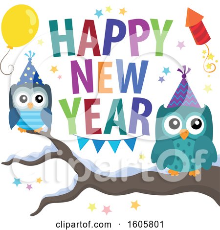 Clipart of a Happy New Year Greeting with Owls - Royalty Free Vector Illustration by visekart