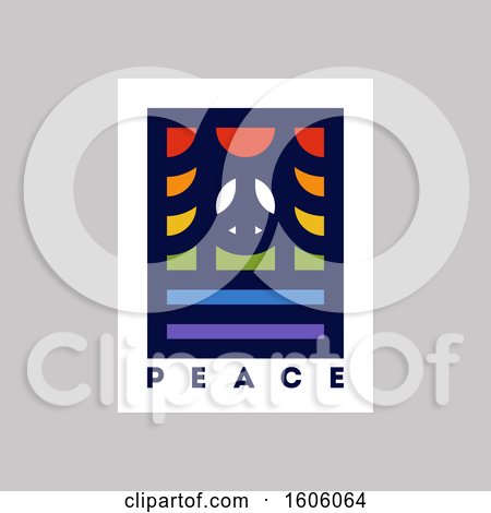 Clipart of a Minimalistic Landscape with Forest, Lake and Peace Sign in Colors of the Rainbow on Gray - Royalty Free Vector Illustration by elena