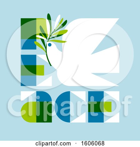 Clipart of a Dove with Peace Text over Blue - Royalty Free Vector Illustration by elena