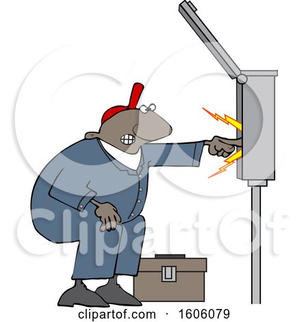 Clipart of a Cartoon Black Male Electrician Touching a Power Box - Royalty Free Vector Illustration by djart