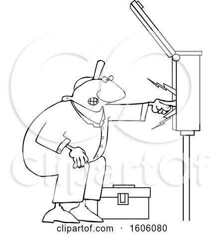 Clipart of a Cartoon Lineart Black Male Electrician Touching a Power Box - Royalty Free Vector Illustration by djart