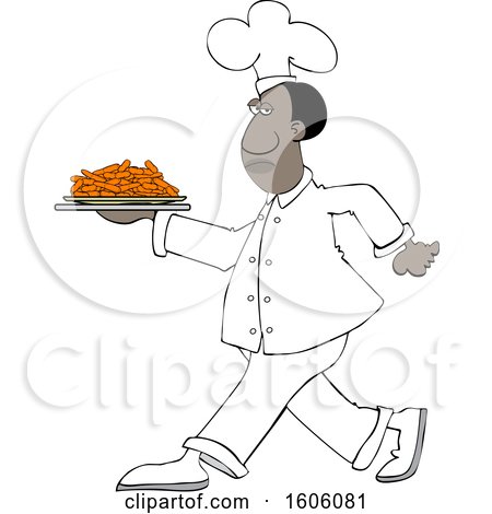 Clipart of a Cartoon Black Male Chef Walking with a Plate of Carrots - Royalty Free Vector Illustration by djart