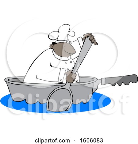 Clipart of a Cartoon Black Male Chef Using a Spoon to Paddle a Pan Boat - Royalty Free Vector Illustration by djart