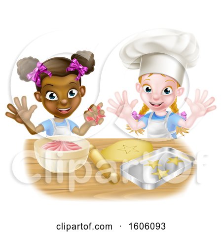 Clipart of Happy White and Black Girls Making Pink Frosting and Star Shaped Cookies - Royalty Free Vector Illustration by AtStockIllustration