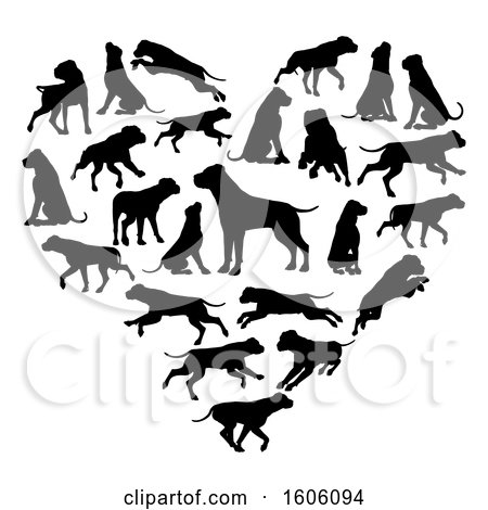 Clipart of a Heart Made of Silhouetted Mastiff Dogs - Royalty Free Vector Illustration by AtStockIllustration