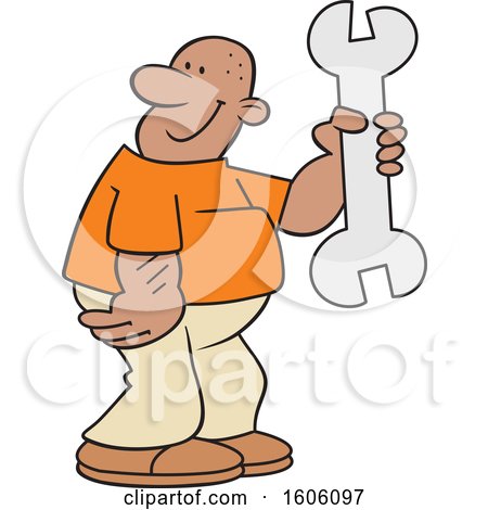 Clipart of a Cartoon Black Man Holding a Giant Wrench - Royalty Free Vector Illustration by Johnny Sajem