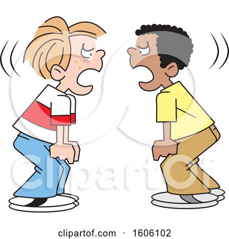 Clipart of Cartoon White and Black Boys Yelling at Each Other - Royalty Free Vector Illustration by Johnny Sajem