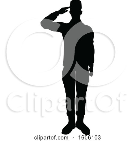 Clipart of a Black Silhouetted Male Soldier Saluting - Royalty Free Vector Illustration by AtStockIllustration