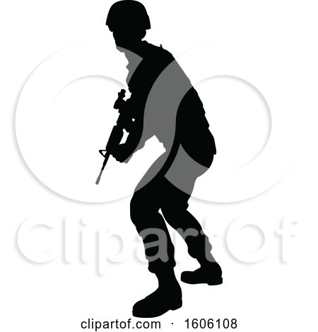 Clipart of a Black Silhouetted Male Armed Soldier - Royalty Free Vector Illustration by AtStockIllustration