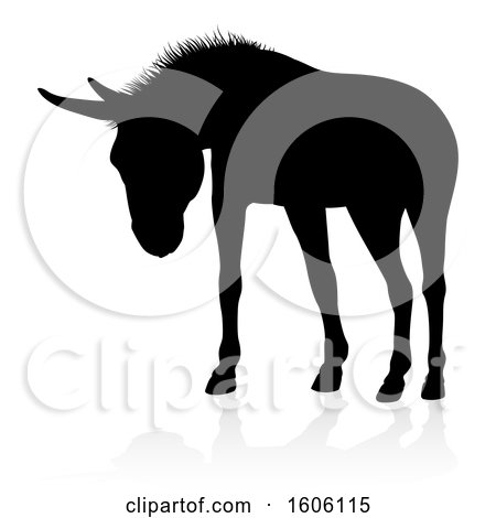 Clipart of a Black Silhouetted Donkey with a Shadow or Reflection, on a White Background - Royalty Free Vector Illustration by AtStockIllustration