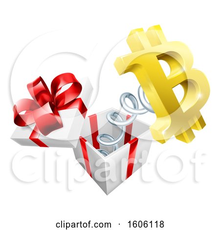 Clipart of a 3d Gold Bitcoin Currency Symbol Popping out of a Gift Box - Royalty Free Vector Illustration by AtStockIllustration
