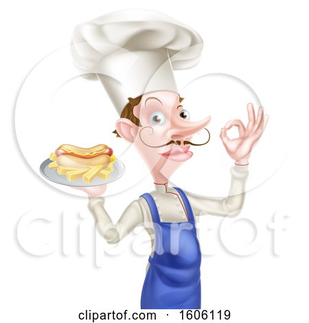 Clipart of a Male Chef Holding a Hot Dog and Fries on a Tray and Gesturing Perfect - Royalty Free Vector Illustration by AtStockIllustration