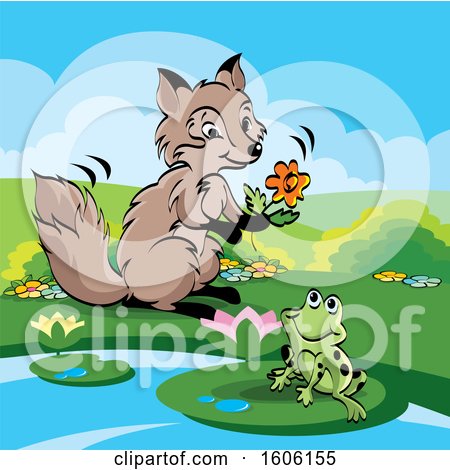 Clipart of a Cute Fox Holding a Flower by a Frog - Royalty Free Vector Illustration by Lal Perera