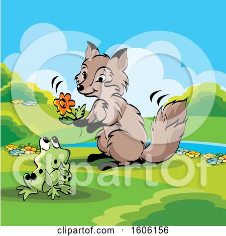 Clipart of a Cute Fox Holding a Flower by a Frog - Royalty Free Vector Illustration by Lal Perera