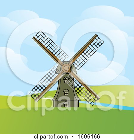 Clipart of a Windmill in a Hilly Landscape - Royalty Free Vector Illustration by Lal Perera