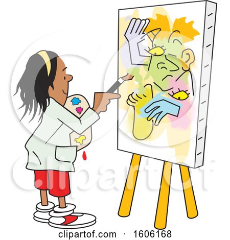Clipart of a Cartoon Girl Painting Art on Canvas, No Picasso - Royalty Free Vector Illustration by Johnny Sajem
