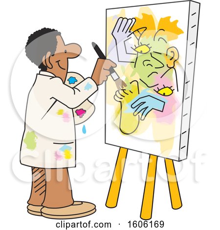 Clipart of a Cartoon Black Male Artist Painting an Abstract on a Canvas, No Picasso - Royalty Free Vector Illustration by Johnny Sajem