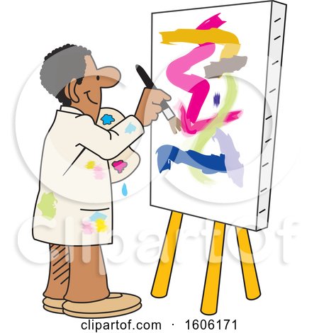 Clipart of a Cartoon Black Male Artist Painting an Abstract on a Canvas - Royalty Free Vector Illustration by Johnny Sajem