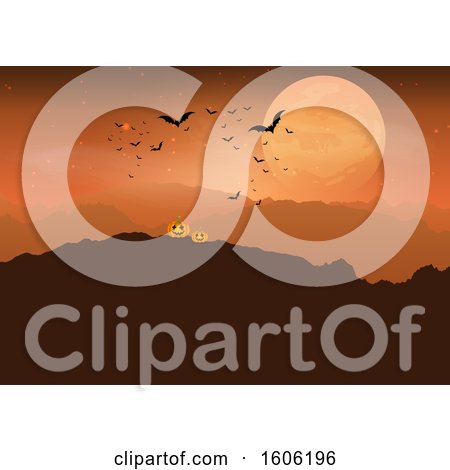 Clipart of a Full Moon and Orange Sky with Bats over Halloween Jackolantern Pumpkins on a Hill - Royalty Free Vector Illustration by KJ Pargeter