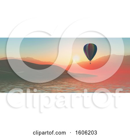 Clipart of a 3d Hot Air Balloon over an Island at Sunset - Royalty Free Illustration by KJ Pargeter