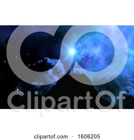 Clipart of a Silhouetted 3d Man on Top of a Mountain Against a Night Sky - Royalty Free Illustration by KJ Pargeter