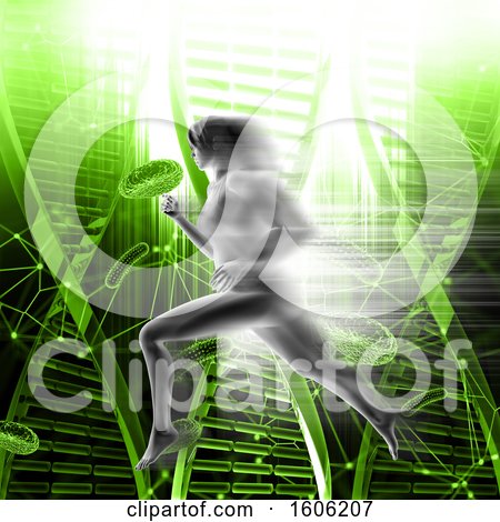 Clipart of a 3D Woman Running over Green DNA Strands and Virus Cells - Royalty Free Illustration by KJ Pargeter
