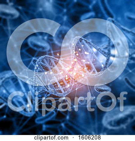 Clipart of a 3d Cell and Dna Strand Background with Glowing Flares - Royalty Free Illustration by KJ Pargeter