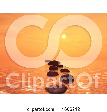 Clipart of a 3d Orange Ocean Sunset Sky with Stones - Royalty Free Illustration by KJ Pargeter