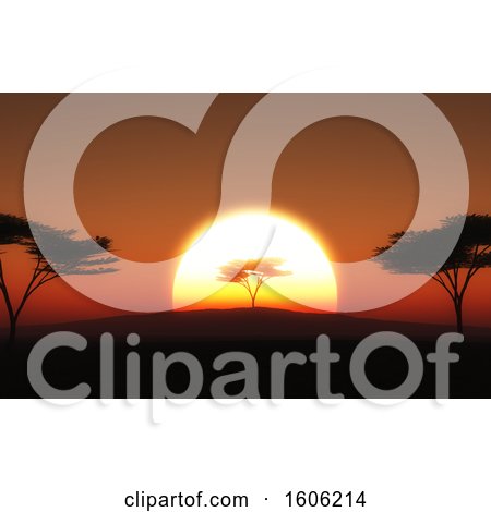 Clipart of a Red Sunset Landscape with Silhouetted Trees - Royalty Free Illustration by KJ Pargeter