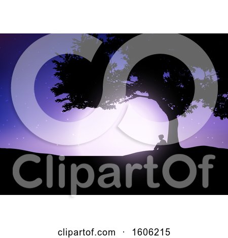 Clipart of a Silhouetted Boy Sitting Under a Tree Against a Purple Night Sky with a Full Moon - Royalty Free Vector Illustration by KJ Pargeter