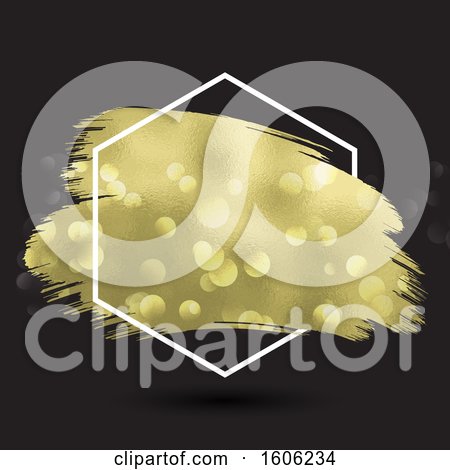 Clipart of a Hexagonal Frame with a Gold Paint Stroke and Flares on Black - Royalty Free Vector Illustration by KJ Pargeter