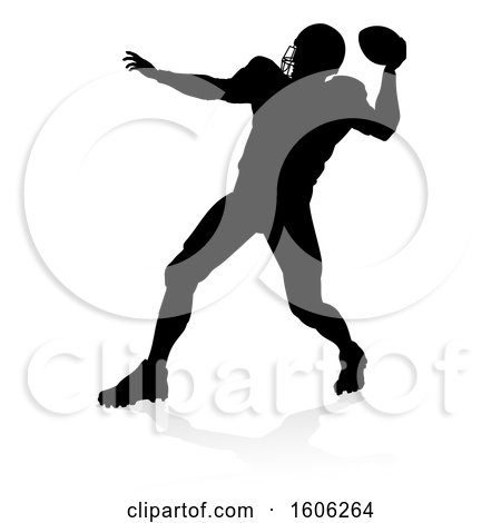 Clipart of a Silhouetted Football Player Throwing, with a Reflection or Shadow, on a White Background - Royalty Free Vector Illustration by AtStockIllustration