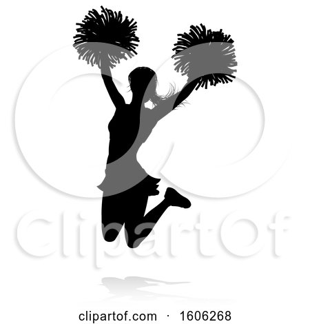 Clipart of a Silhouetted Cheerleader, with a Reflection or Shadow, on a White Background - Royalty Free Vector Illustration by AtStockIllustration