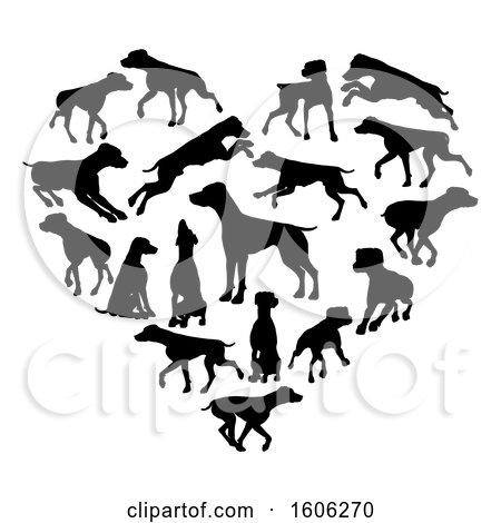 Clipart of a Heart Made of Black Silhouetted Pointer Dogs - Royalty Free Vector Illustration by AtStockIllustration